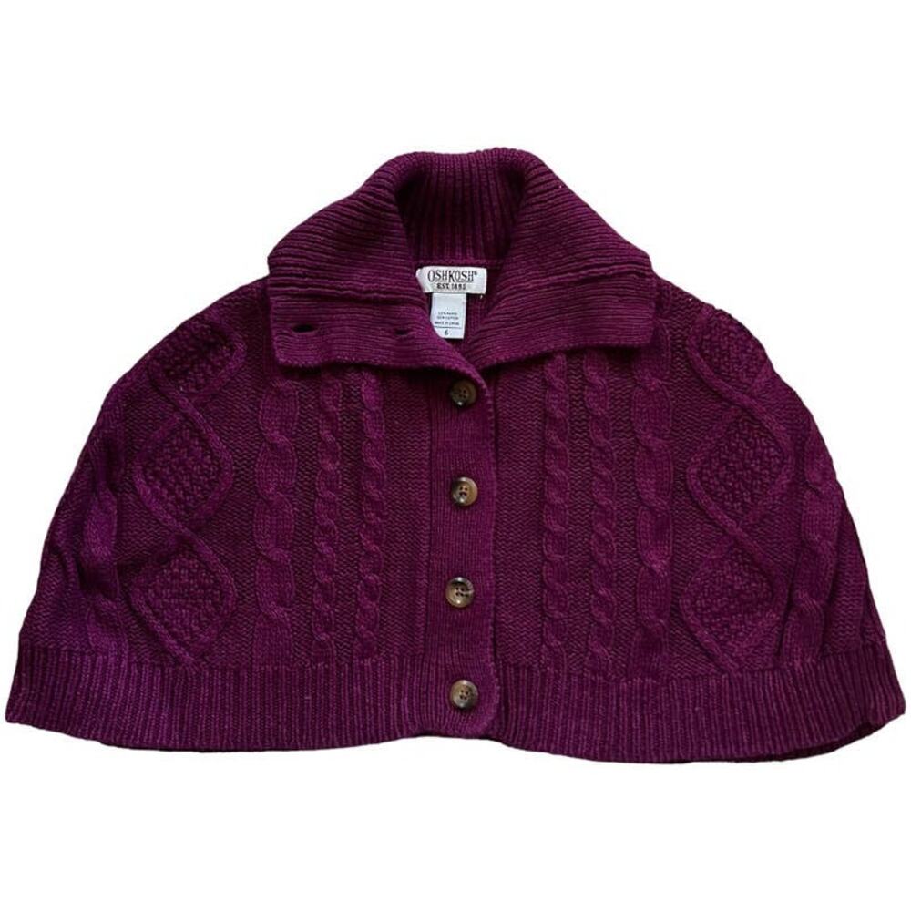 OshKosh Kid's Cape Capelet Cableknit Sweater Cardgian Size 6 Magenta Pink Cozy
